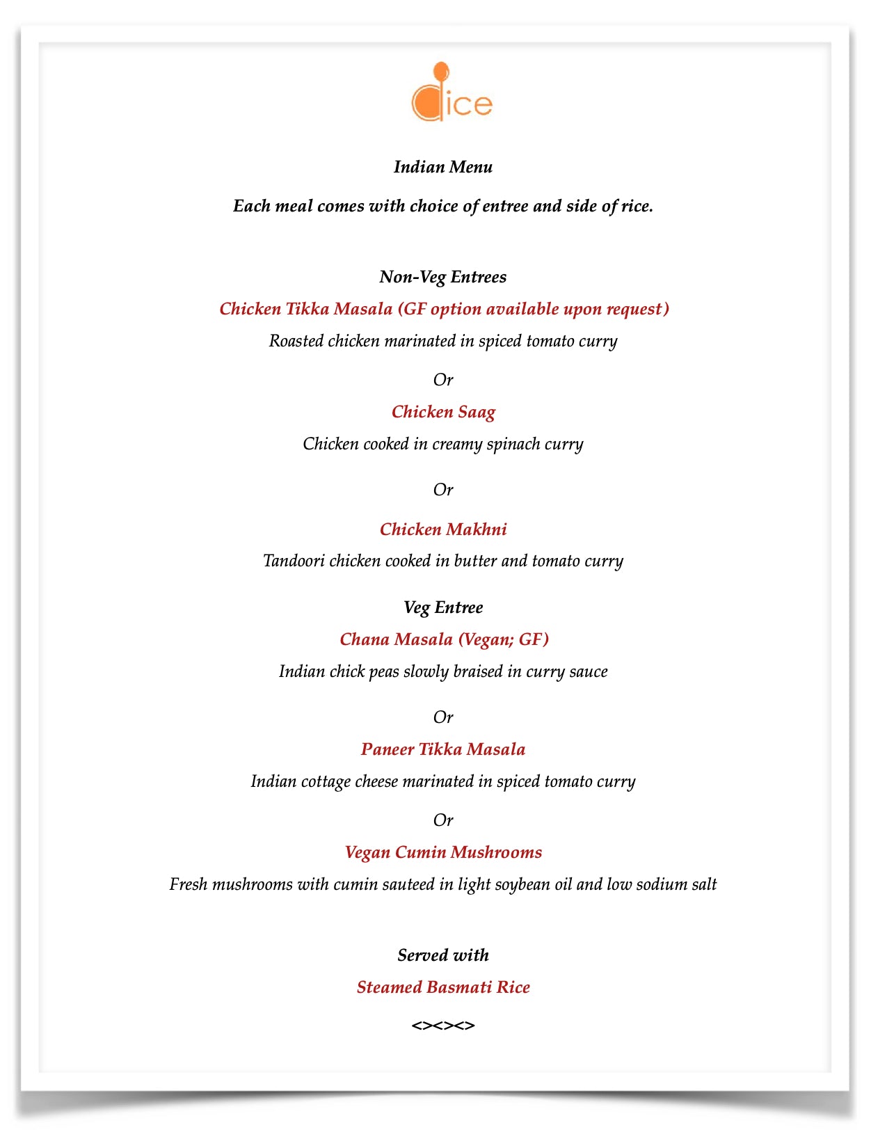 New York Catering - Simple Indian Menu