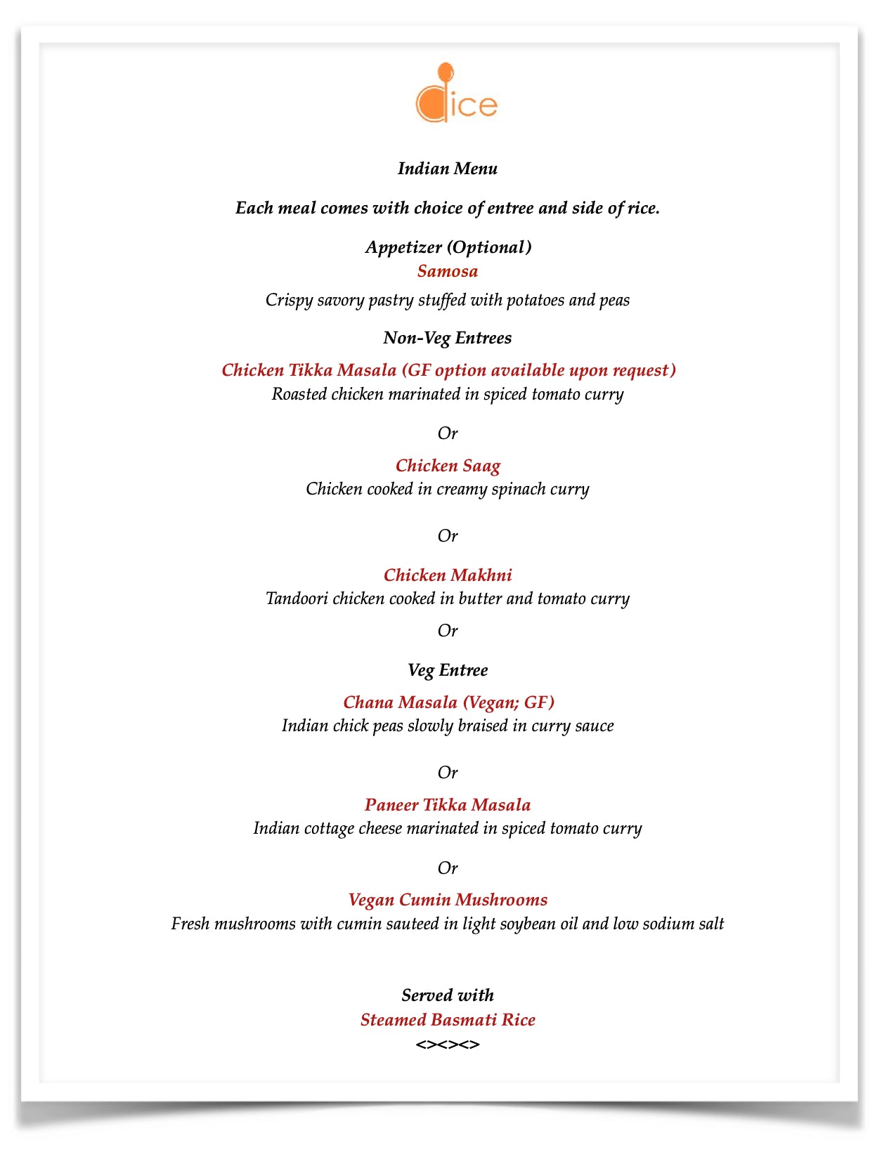 New York Catering - Simple Indian Menu