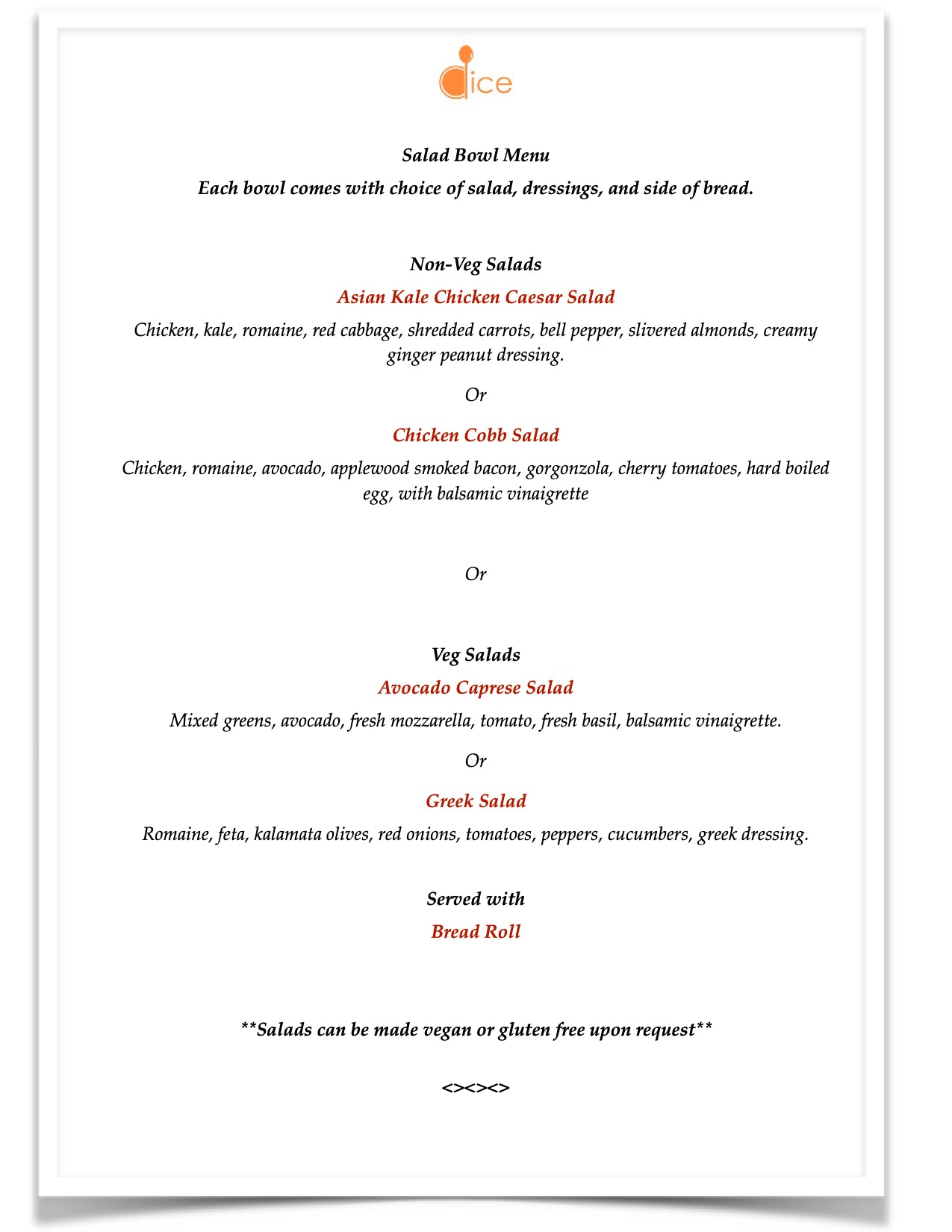 Catering near Boston - Salad Bowl Menu