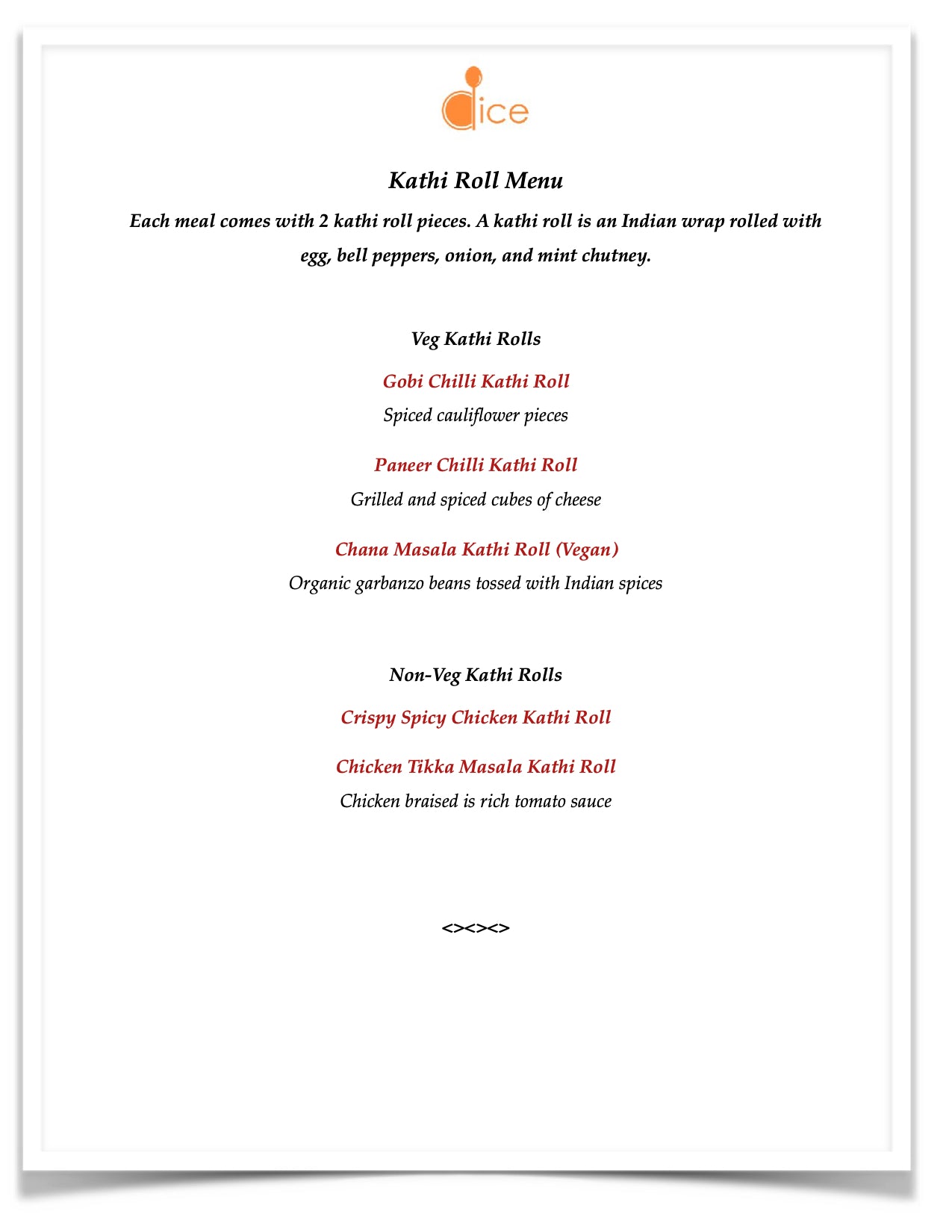 Catering near Boston - Kathi Roll Menu