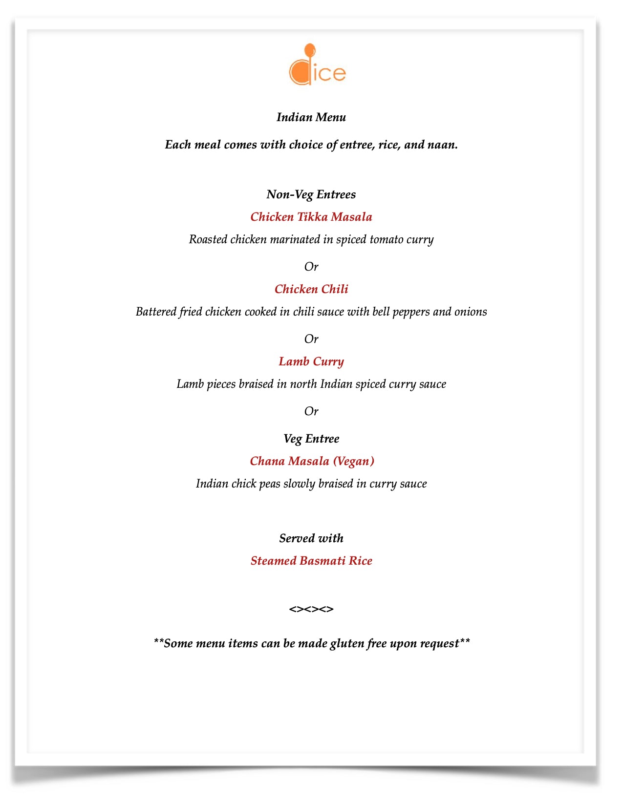 Catering near Boston - Simple Indian Menu