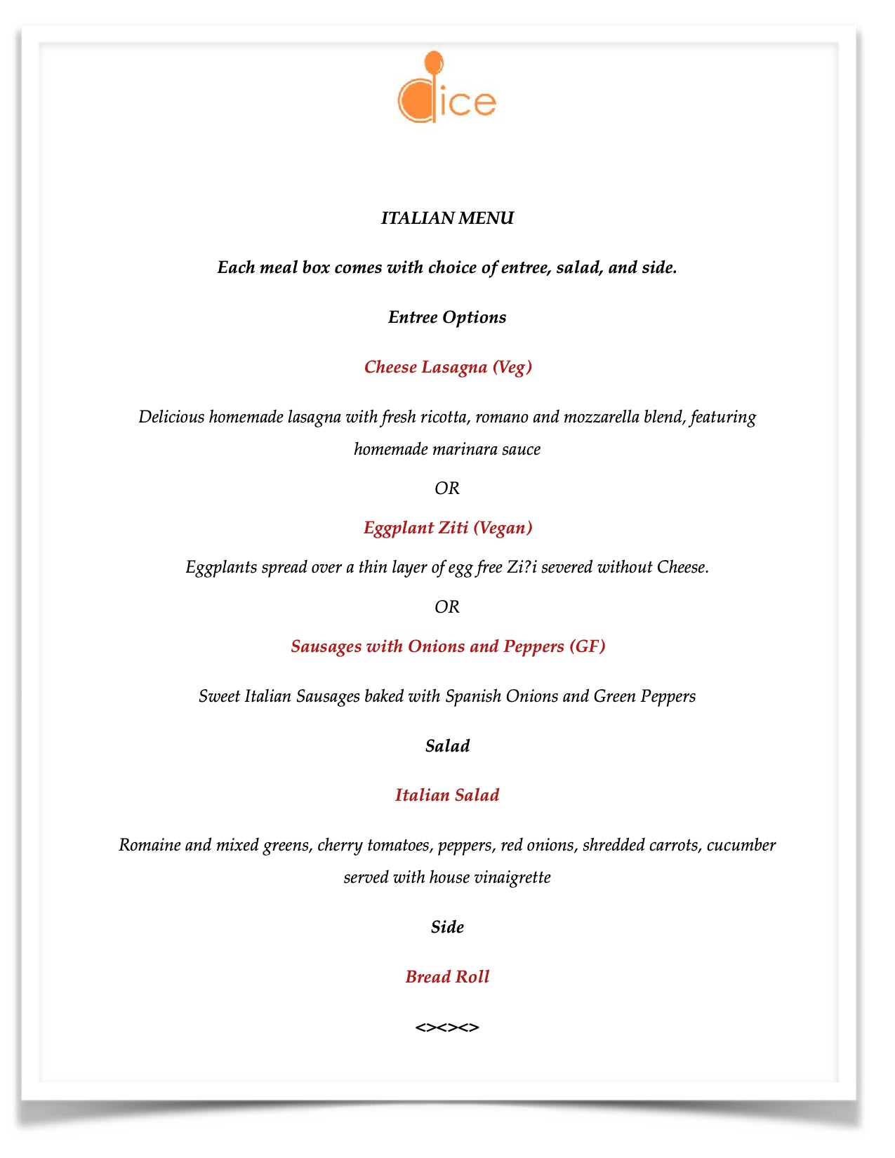 Catering near Boston - Simple Italian Menu