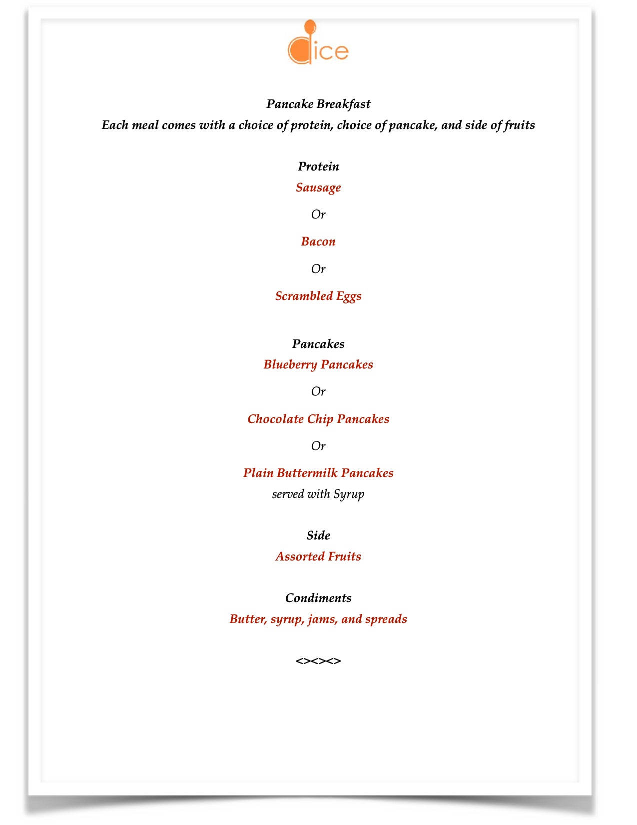 Catering near Boston - Pancake Breakfast Menu