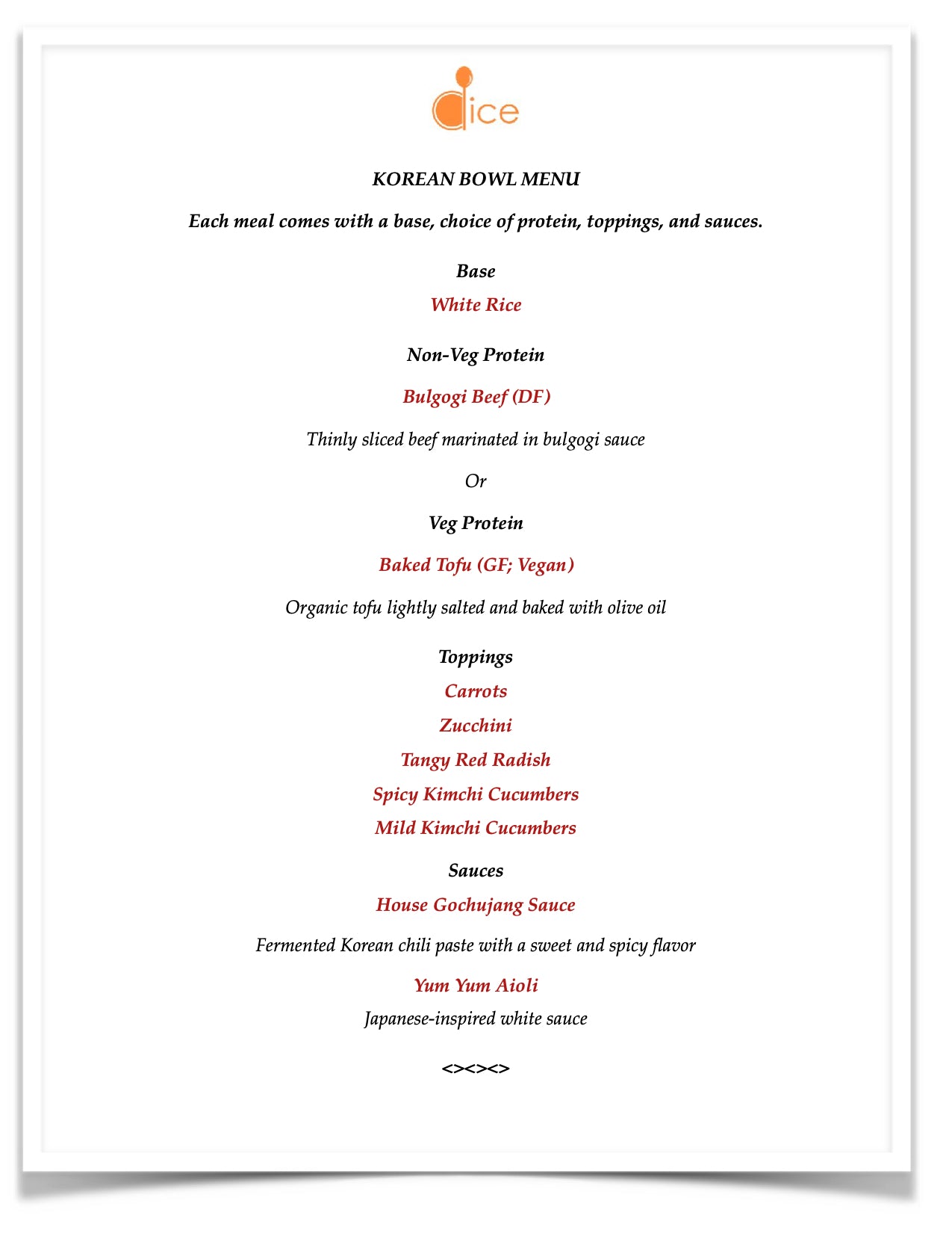 Catering near Boston - Korean Bowl Menu