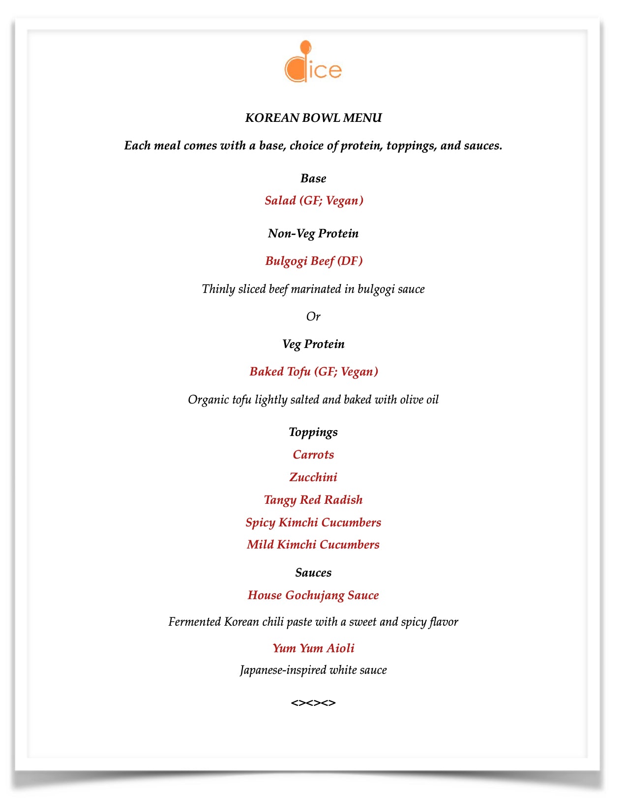 Catering near Boston - Korean Bowl Menu